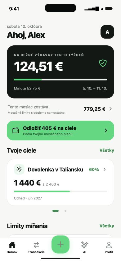Ukážková domovská obrazovka Finuly: rozpočet, limity míňania a finančný cieľ