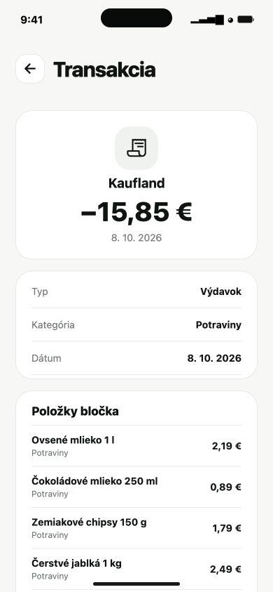 Ukážkový bloček v aplikácii s jednotlivými nákupmi a ich cenami